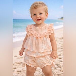 NWT 6/9M Jessica Simpson Peach Eyelet Ruffle Baby Set - Top & Bloomers